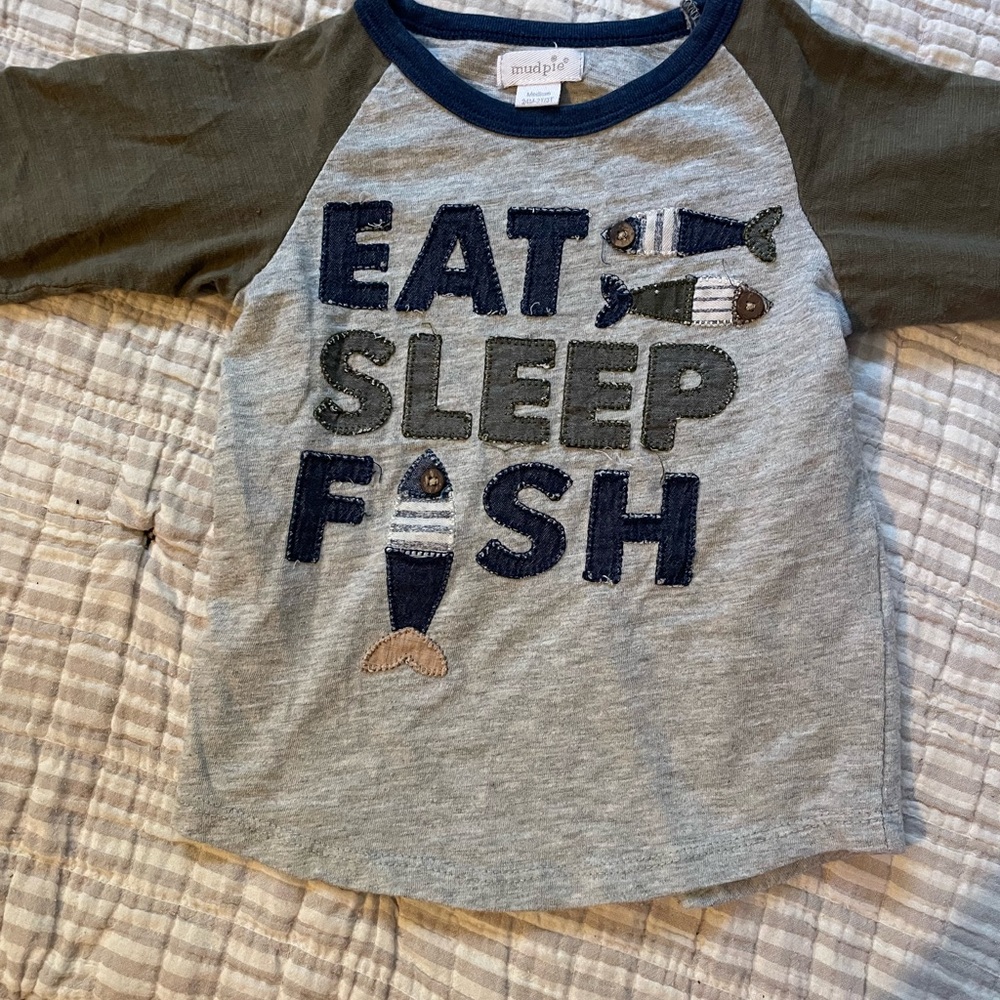 Mud Pie Gray & Olive 'Eat Sleep Fish' Raglan Tee with Navy Trim